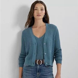 Ralph Lauren NWT Cropped Cotton Blend Knit Cardigan Sweater Dusty Blue Medium